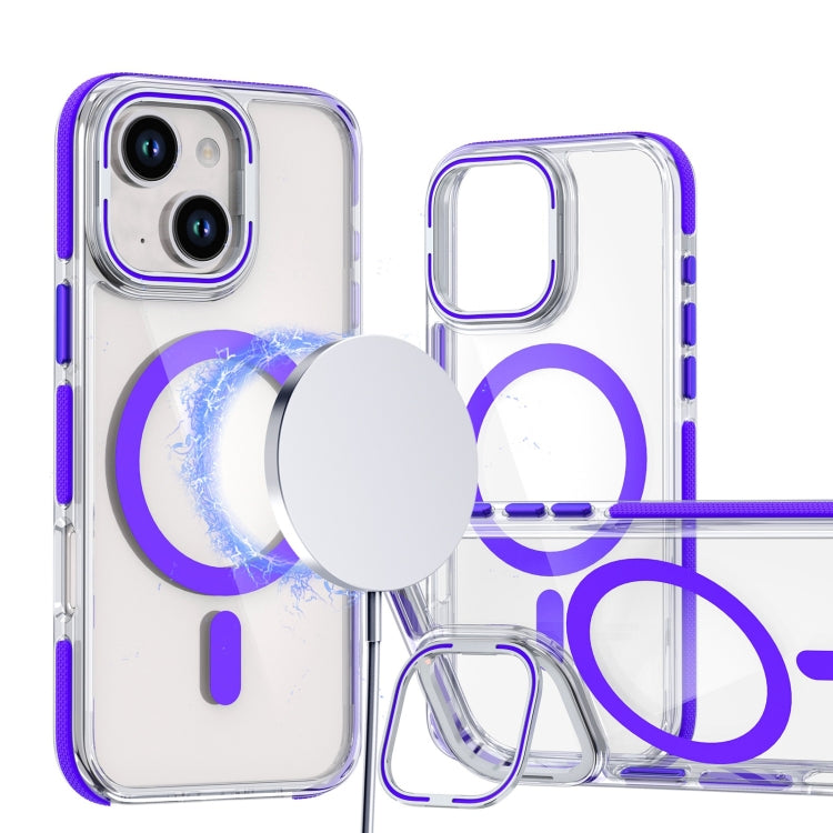 For iPhone 13 / 14 Dual-Color Clear Acrylic Hybrid TPU Lens Flip Holder MagSafe Phone Case