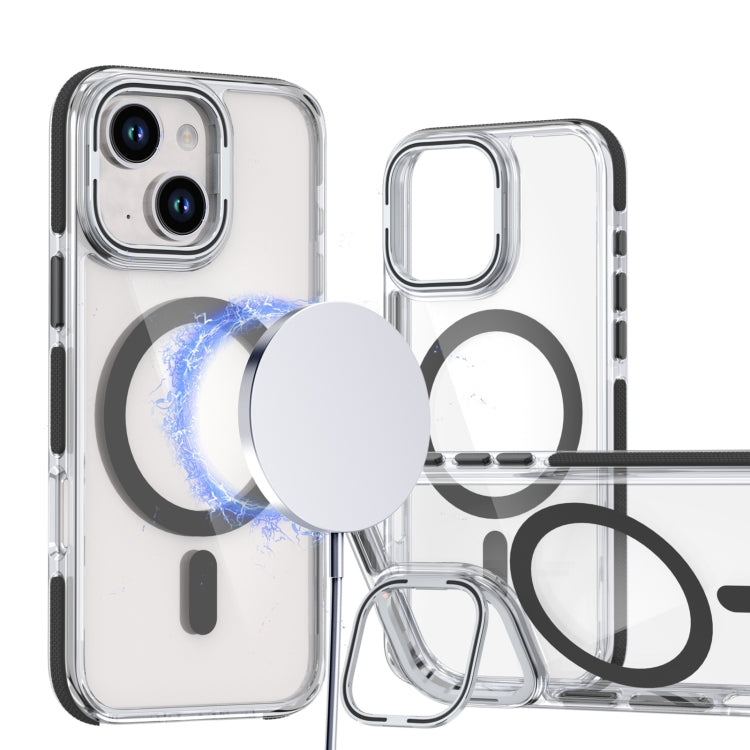 For iPhone 14 Plus Dual-Color Clear Acrylic Hybrid TPU Lens Flip Holder MagSafe Phone Case