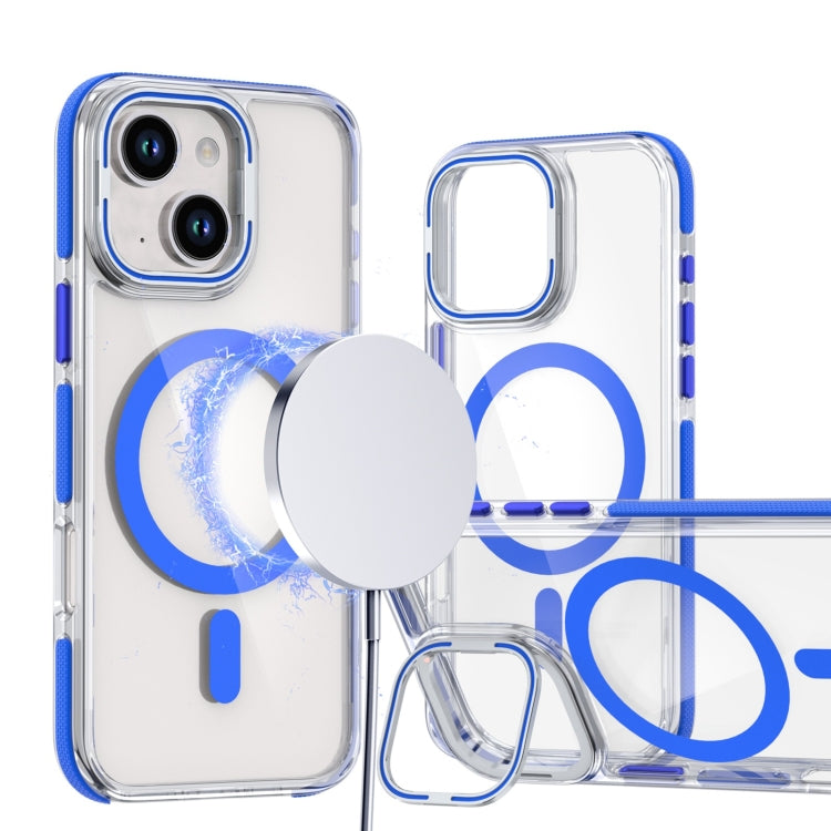 For iPhone 14 Plus Dual-Color Clear Acrylic Hybrid TPU Lens Flip Holder MagSafe Phone Case