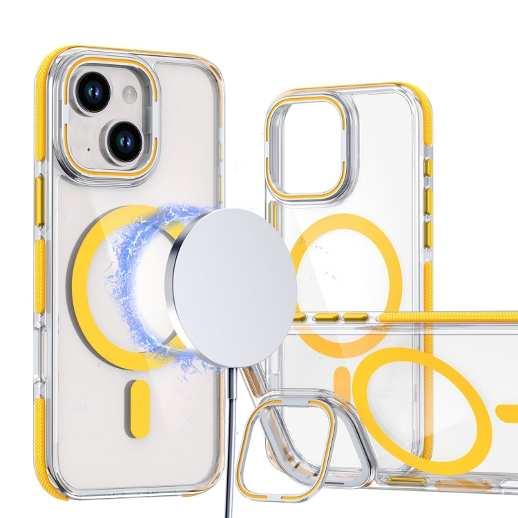 For iPhone 14 Plus Dual-Color Clear Acrylic Hybrid TPU Lens Flip Holder MagSafe Phone Case