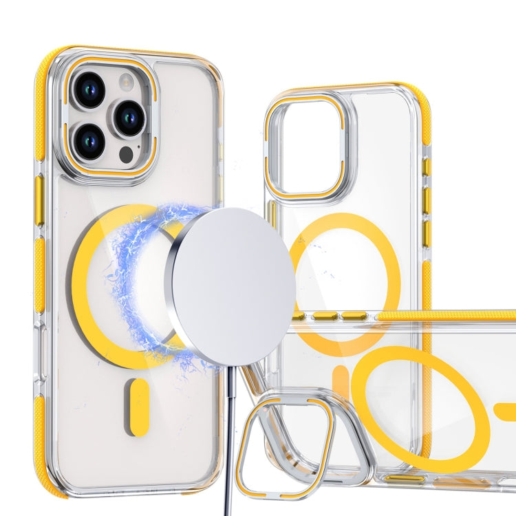 For iPhone 14 Pro Max Dual-Color Clear Acrylic Hybrid TPU Lens Flip Holder MagSafe Phone Case