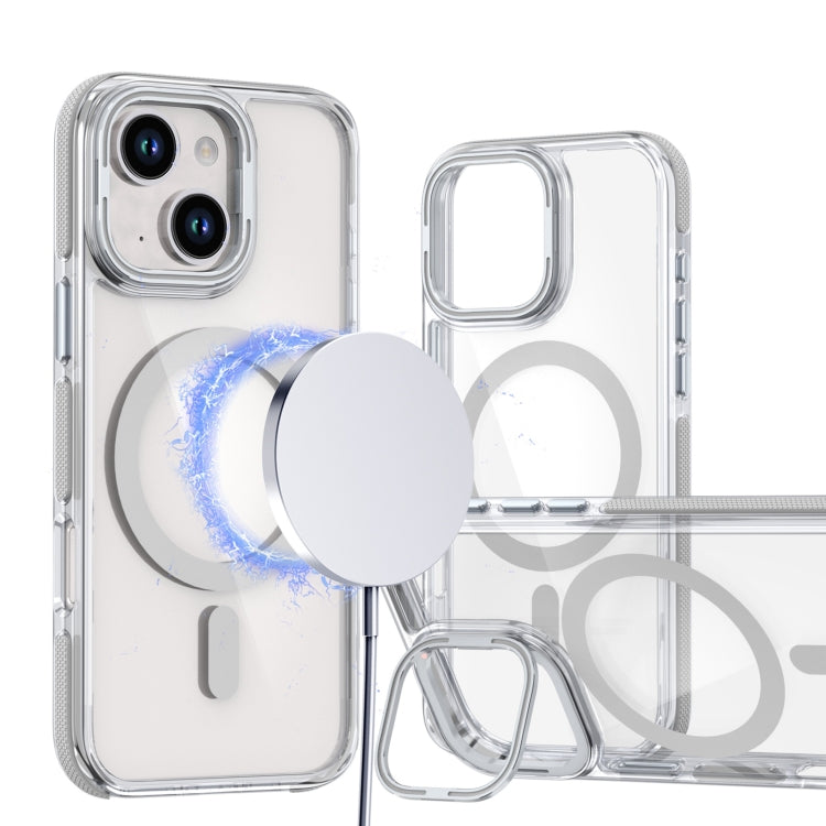 For iPhone 15 Dual-Color Clear Acrylic Hybrid TPU Lens Flip Holder MagSafe Phone Case
