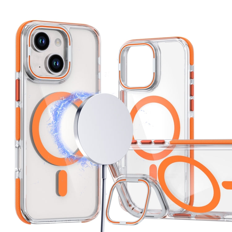 For iPhone 15 Plus Dual-Color Clear Acrylic Hybrid TPU Lens Flip Holder MagSafe Phone Case