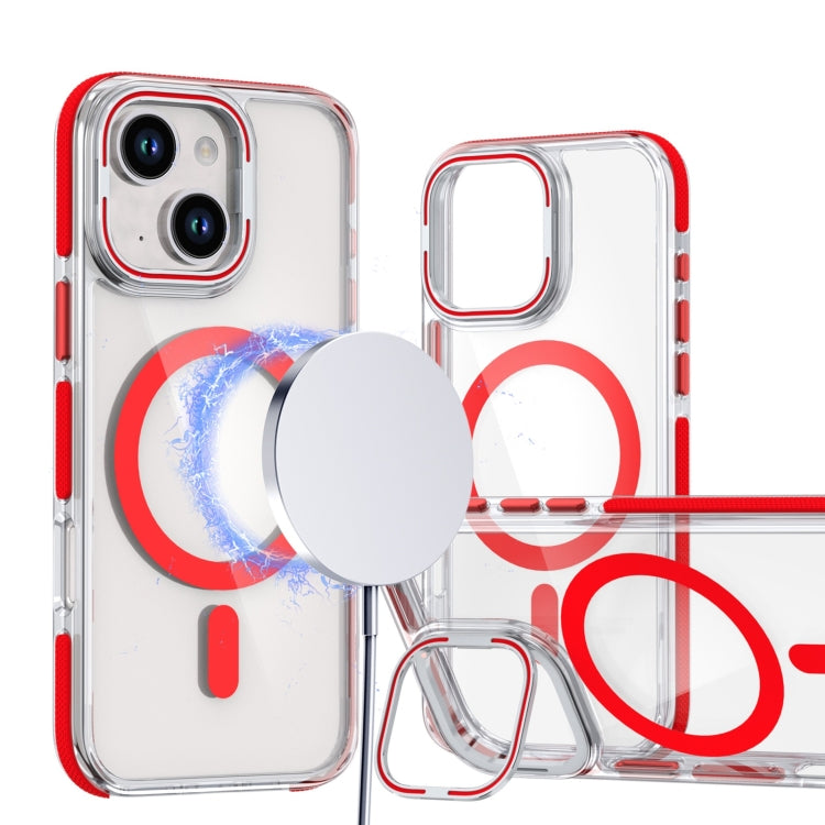 For iPhone 15 Plus Dual-Color Clear Acrylic Hybrid TPU Lens Flip Holder MagSafe Phone Case