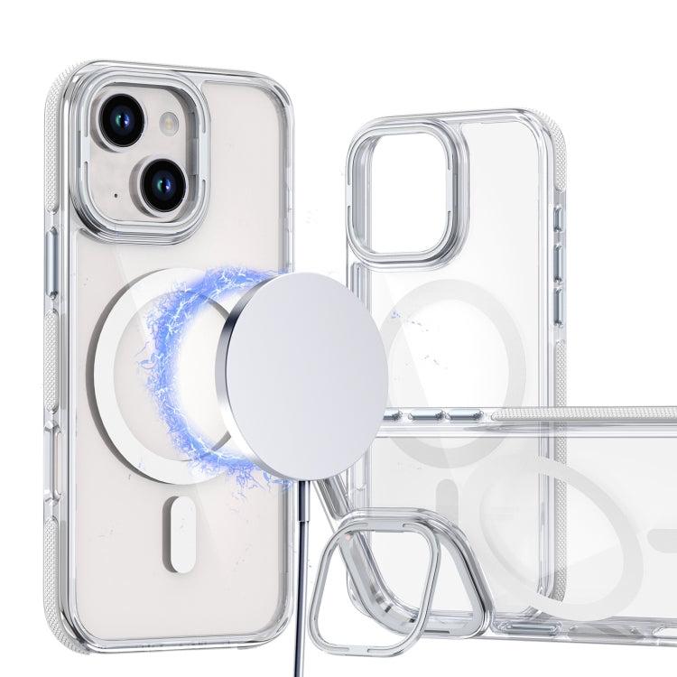 For iPhone 15 Plus Dual-Color Clear Acrylic Hybrid TPU Lens Flip Holder MagSafe Phone Case