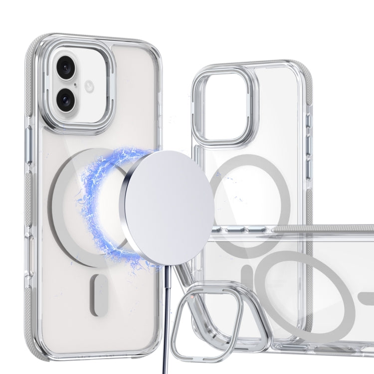 For iPhone 16 Dual-Color Clear Acrylic Hybrid TPU Lens Flip Holder MagSafe Phone Case