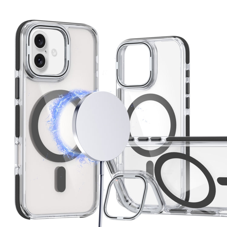 For iPhone 16 Dual-Color Clear Acrylic Hybrid TPU Lens Flip Holder MagSafe Phone Case