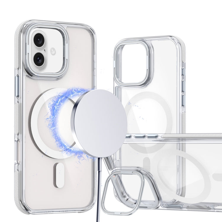 For iPhone 16 Dual-Color Clear Acrylic Hybrid TPU Lens Flip Holder MagSafe Phone Case