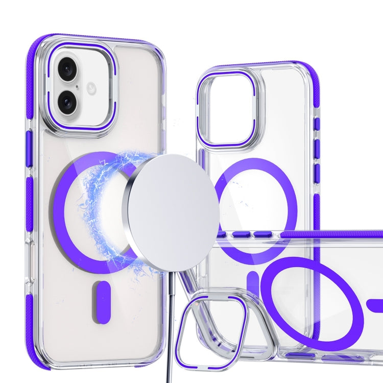 For iPhone 16 Dual-Color Clear Acrylic Hybrid TPU Lens Flip Holder MagSafe Phone Case
