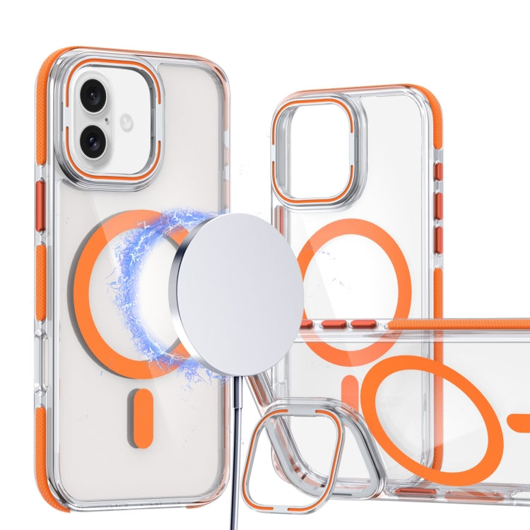 For iPhone 16 Plus Dual-Color Clear Acrylic Hybrid TPU Lens Flip Holder MagSafe Phone Case