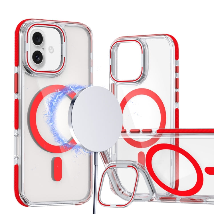 For iPhone 16 Plus Dual-Color Clear Acrylic Hybrid TPU Lens Flip Holder MagSafe Phone Case
