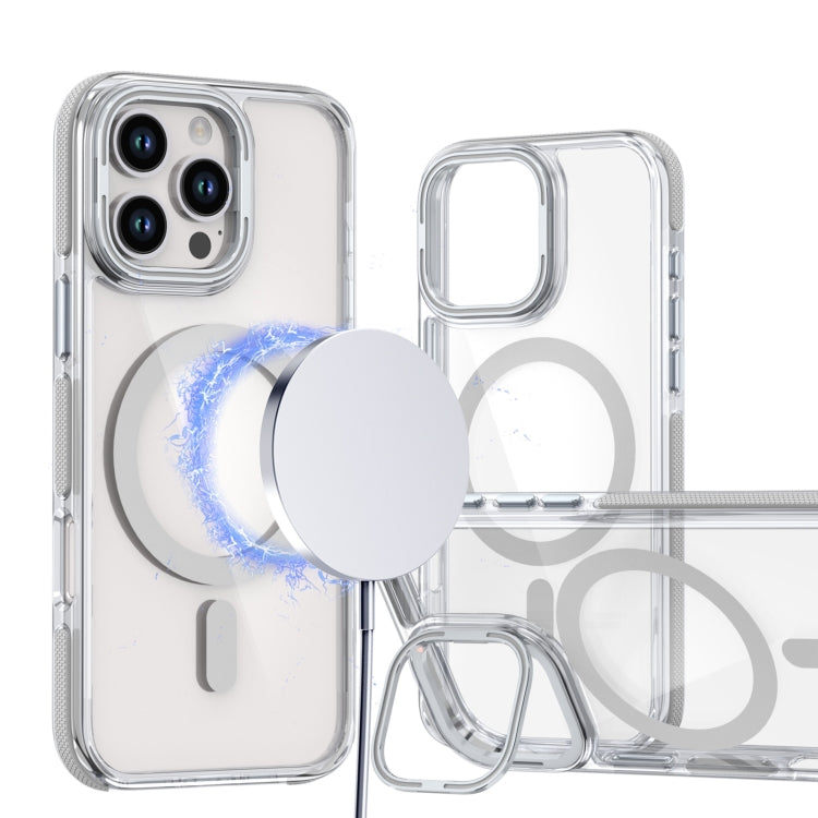For iPhone 16 Pro Dual-Color Clear Acrylic Hybrid TPU Lens Flip Holder MagSafe Phone Case