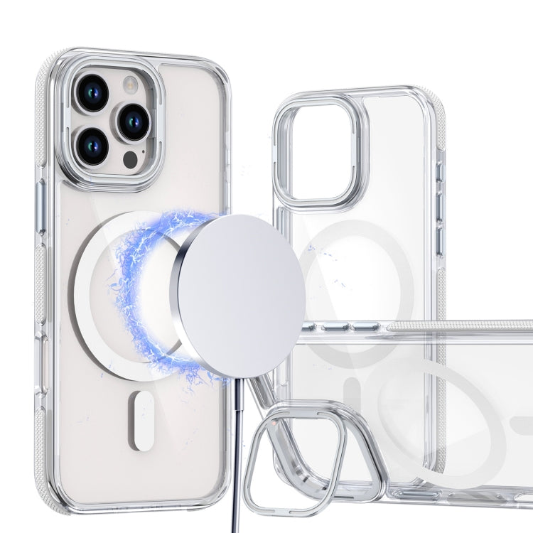 For iPhone 16 Pro Dual-Color Clear Acrylic Hybrid TPU Lens Flip Holder MagSafe Phone Case