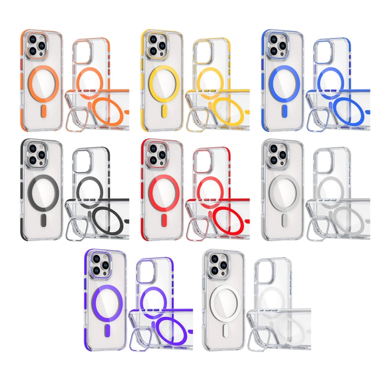 For iPhone 16 Plus Dual-Color Clear Acrylic Hybrid TPU Lens Flip Holder MagSafe Phone Case