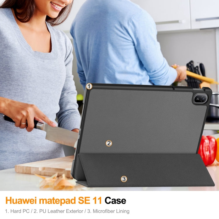 For Huawei Matepad SE 11 Custer Pure Color 3-Fold Holder Smart Leather Tablet Case
