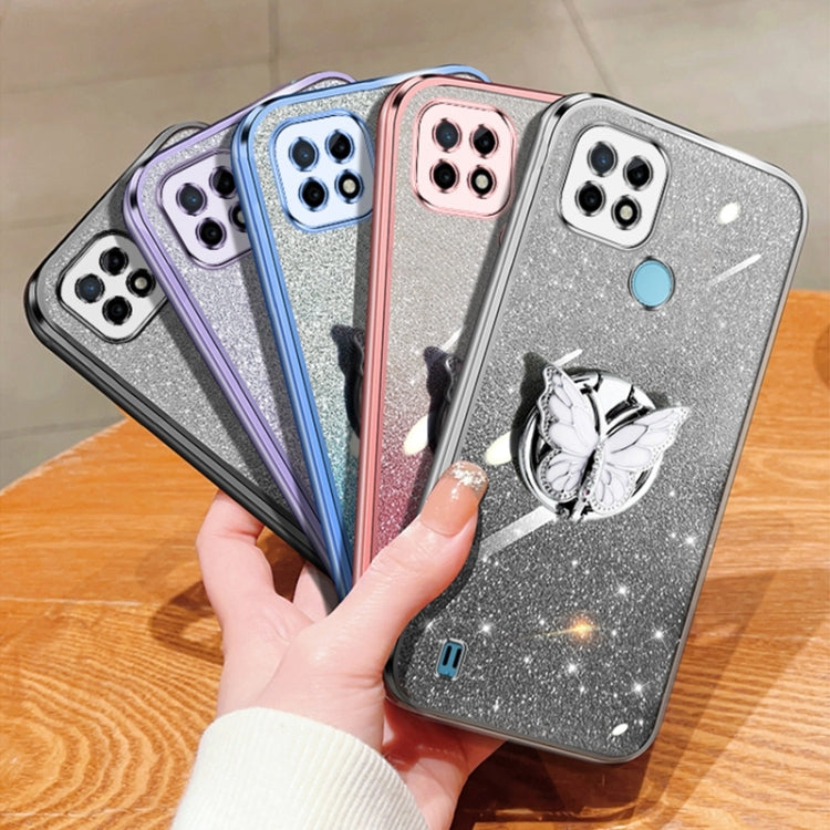 For Realme C21 Plated Gradient Glitter Butterfly Holder TPU Phone Case