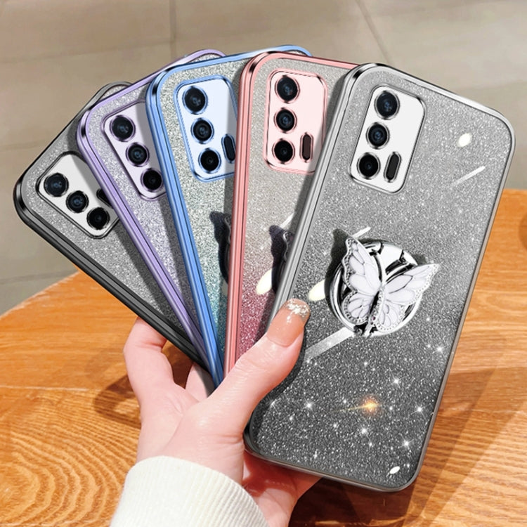 For Realme GT 5G Plated Gradient Glitter Butterfly Holder TPU Phone Case