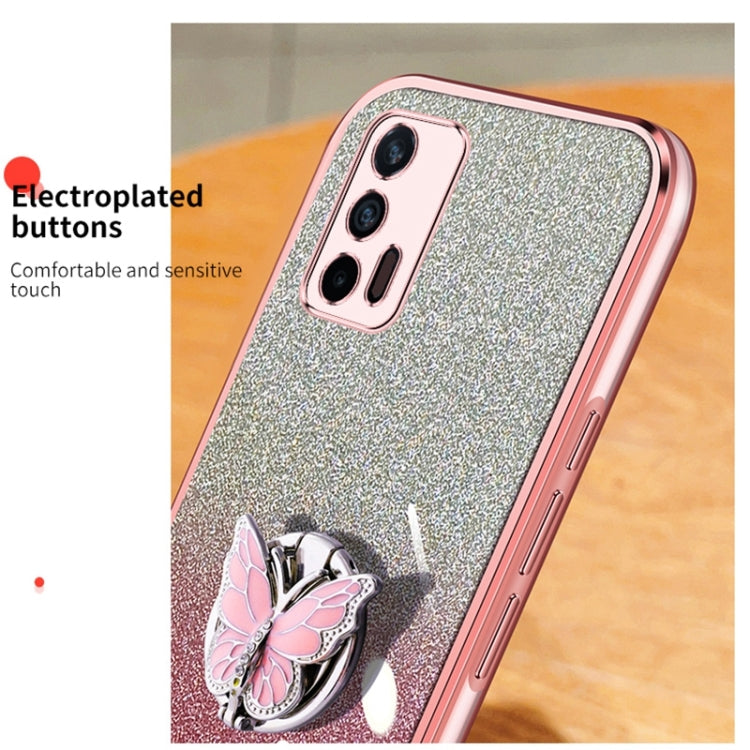 For Realme GT 5G Plated Gradient Glitter Butterfly Holder TPU Phone Case
