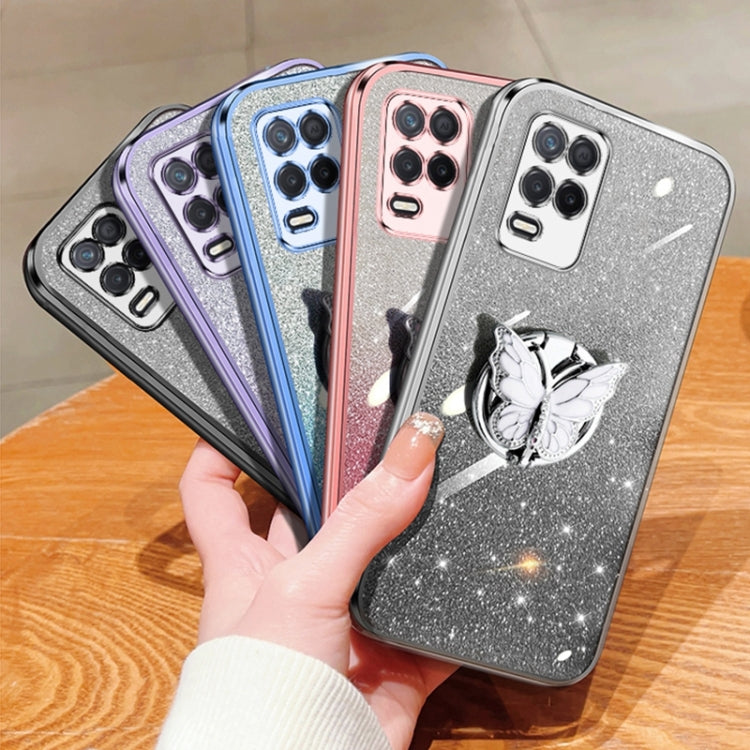 For Realme V13 5G Plated Gradient Glitter Butterfly Holder TPU Phone Case