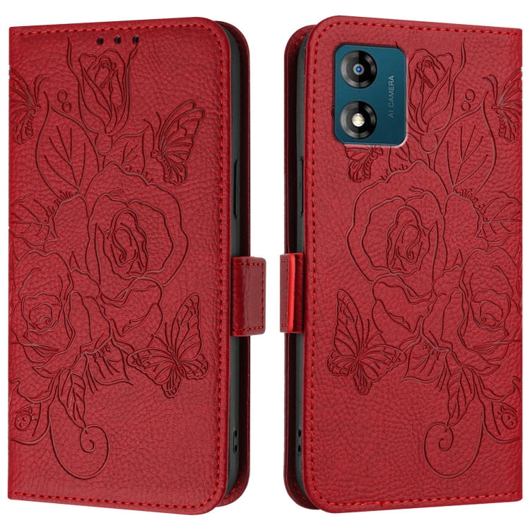 For Motorola Moto E13 4G 2023 Embossed Rose RFID Anti-theft Leather Phone Case