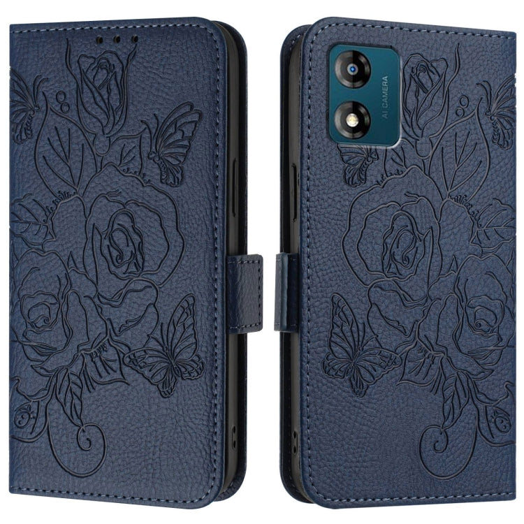 For Motorola Moto E13 4G 2023 Embossed Rose RFID Anti-theft Leather Phone Case