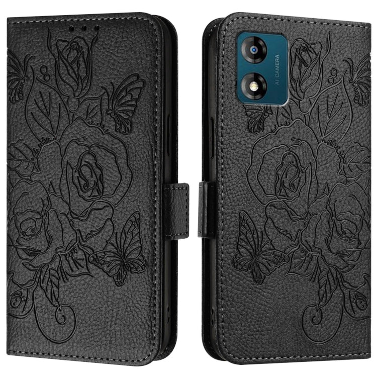 For Motorola Moto E13 4G 2023 Embossed Rose RFID Anti-theft Leather Phone Case