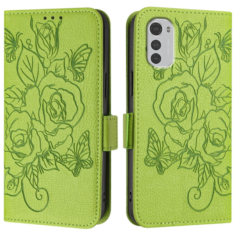 For Motorola Moto E32 4G Embossed Rose RFID Anti-theft Leather Phone Case