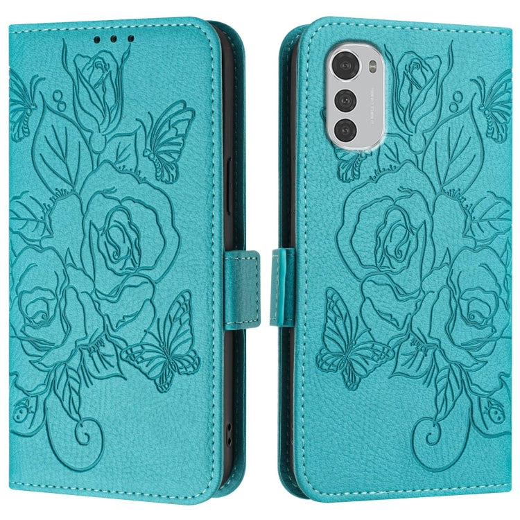 For Motorola Moto E32 4G Embossed Rose RFID Anti-theft Leather Phone Case