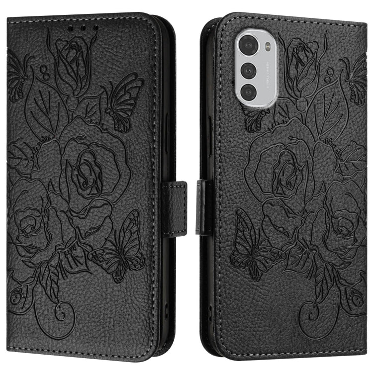 For Motorola Moto E32 4G Embossed Rose RFID Anti-theft Leather Phone Case