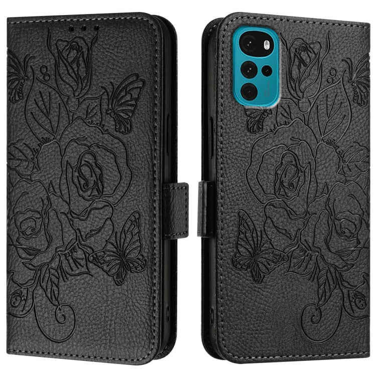 For Motorola Moto G22 4G / E22s 4G Embossed Rose RFID Anti-theft Leather Phone Case