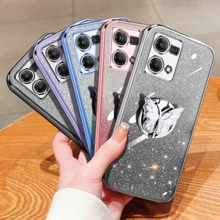 For OPPO Reno7 4G Plated Gradient Glitter Butterfly Holder TPU Phone Case