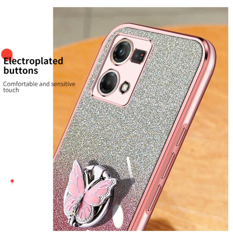 For OPPO Reno7 4G Plated Gradient Glitter Butterfly Holder TPU Phone Case