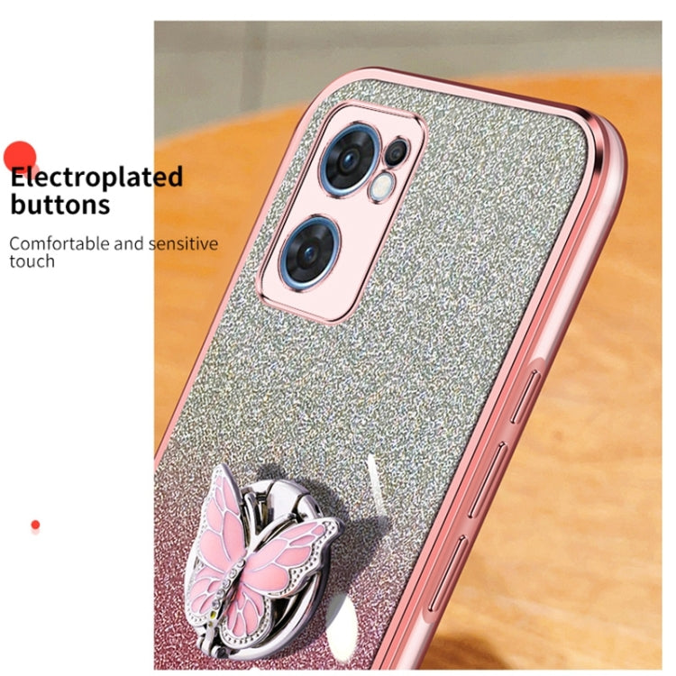 For OPPO Reno7 5G Plated Gradient Glitter Butterfly Holder TPU Phone Case