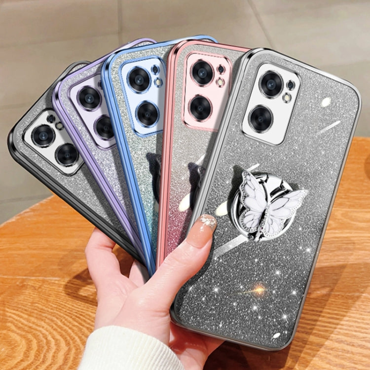For OPPO Reno7 SE Plated Gradient Glitter Butterfly Holder TPU Phone Case