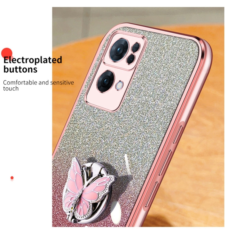 For OPPO Reno7 Pro Plated Gradient Glitter Butterfly Holder TPU Phone Case