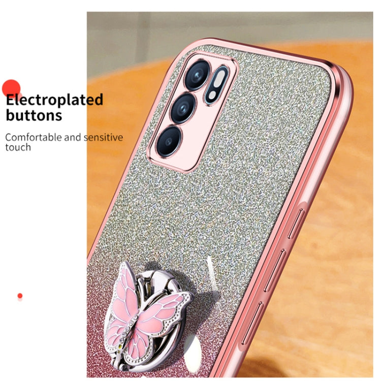 For OPPO Reno6 5G Plated Gradient Glitter Butterfly Holder TPU Phone Case