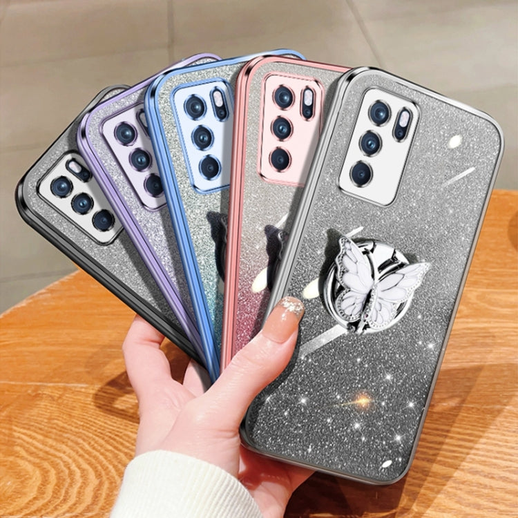 For OPPO Reno6 Pro 5G Plated Gradient Glitter Butterfly Holder TPU Phone Case