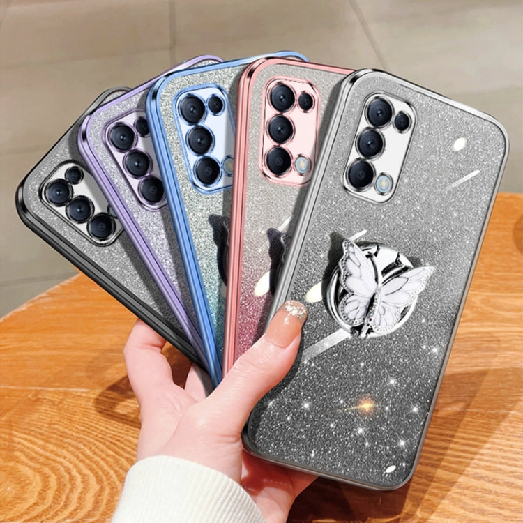 For OPPO Reno5 5G Plated Gradient Glitter Butterfly Holder TPU Phone Case