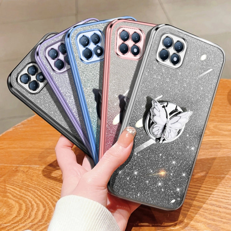 For OPPO Reno4 SE Plated Gradient Glitter Butterfly Holder TPU Phone Case