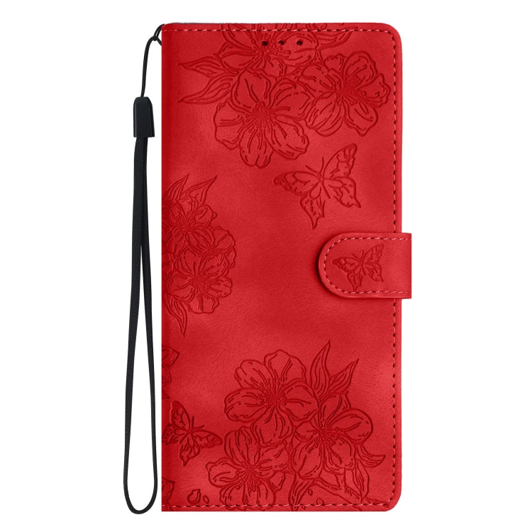 For Samsung Galaxy S25 5G Cherry Blossom Butterfly Skin Feel Embossed PU Phone Case