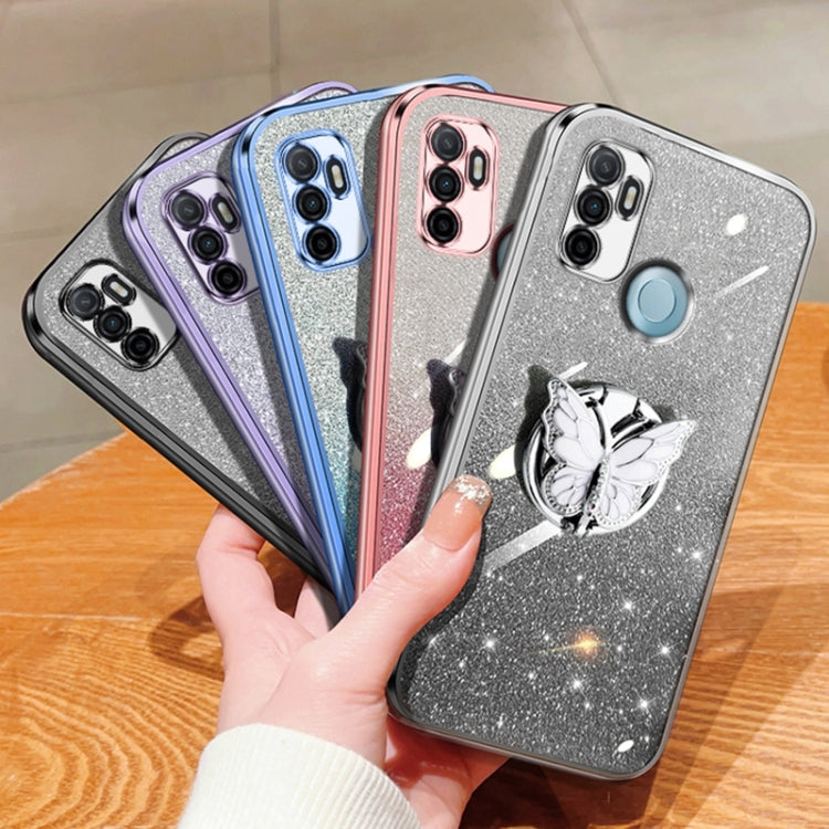For OPPO A32 Plated Gradient Glitter Butterfly Holder TPU Phone Case