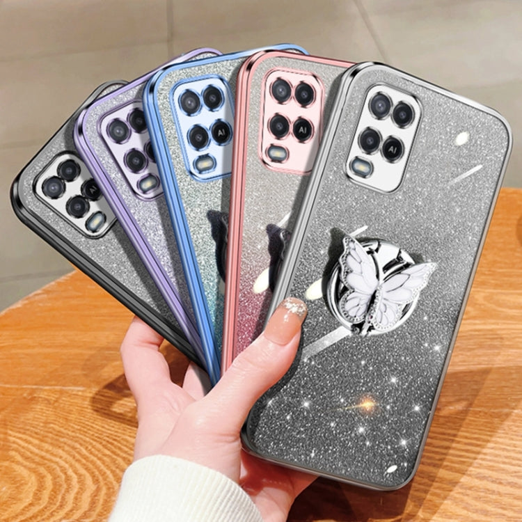 For OPPO A54 Plated Gradient Glitter Butterfly Holder TPU Phone Case