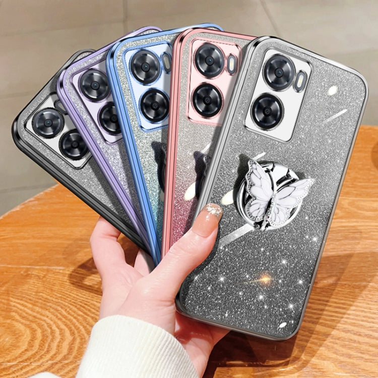 For OPPO A57 4G Plated Gradient Glitter Butterfly Holder TPU Phone Case