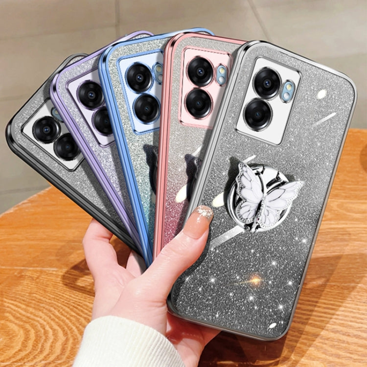 For OPPO A57 5G Plated Gradient Glitter Butterfly Holder TPU Phone Case