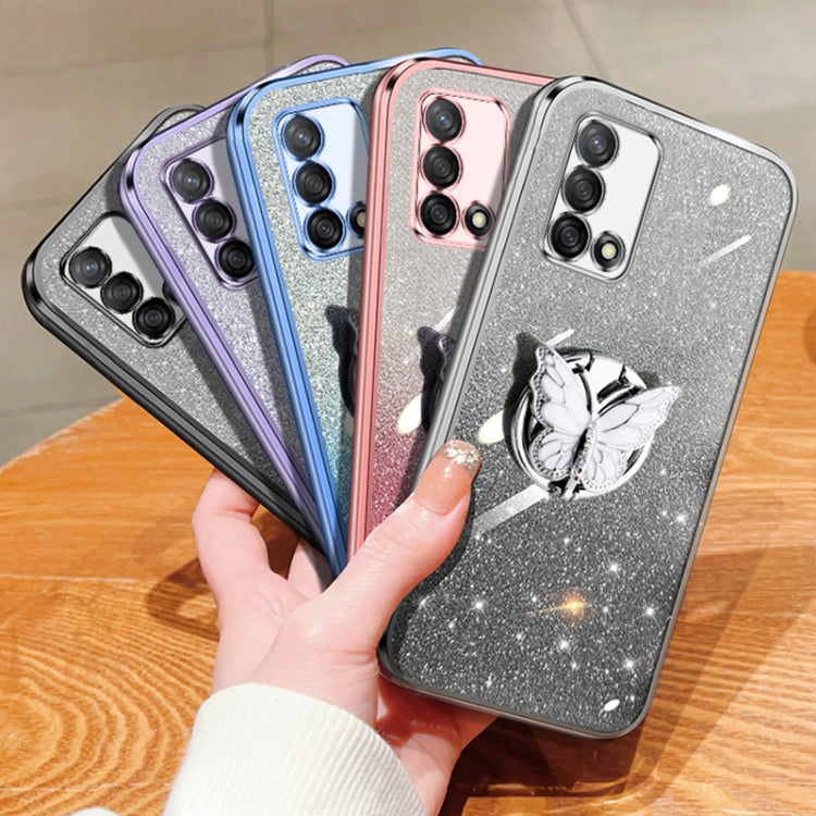 For OPPO A74 Plated Gradient Glitter Butterfly Holder TPU Phone Case