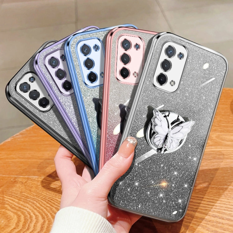 For OPPO A74 5G Plated Gradient Glitter Butterfly Holder TPU Phone Case