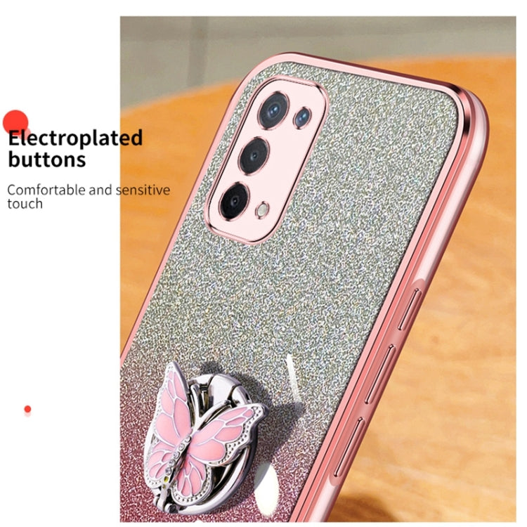 For OPPO A74 5G Plated Gradient Glitter Butterfly Holder TPU Phone Case