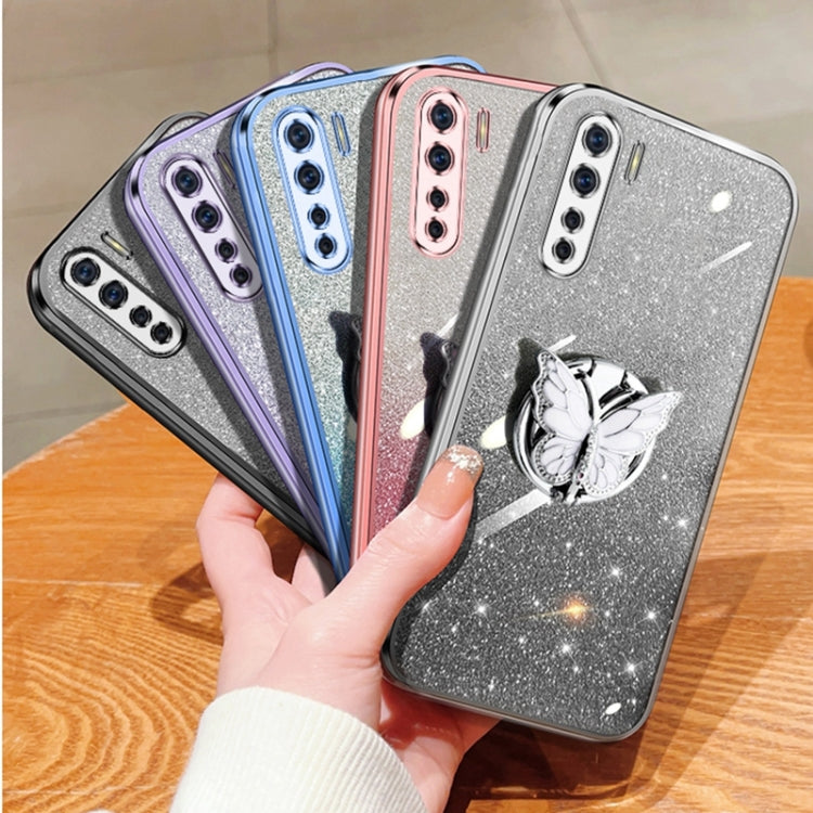 For OPPO A91 Plated Gradient Glitter Butterfly Holder TPU Phone Case