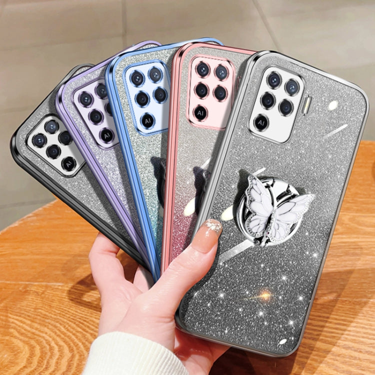 For OPPO A94 4G Plated Gradient Glitter Butterfly Holder TPU Phone Case