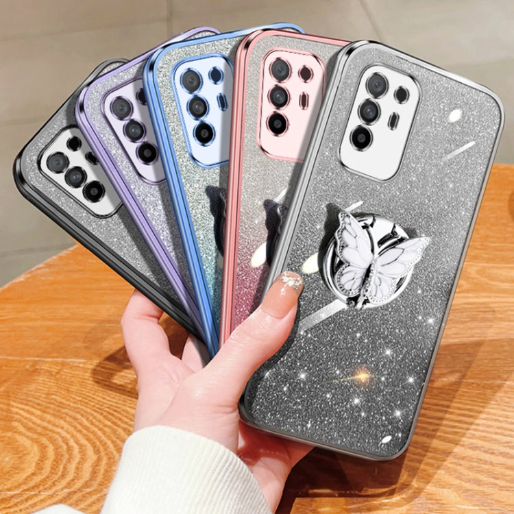 For OPPO A94 5G Plated Gradient Glitter Butterfly Holder TPU Phone Case